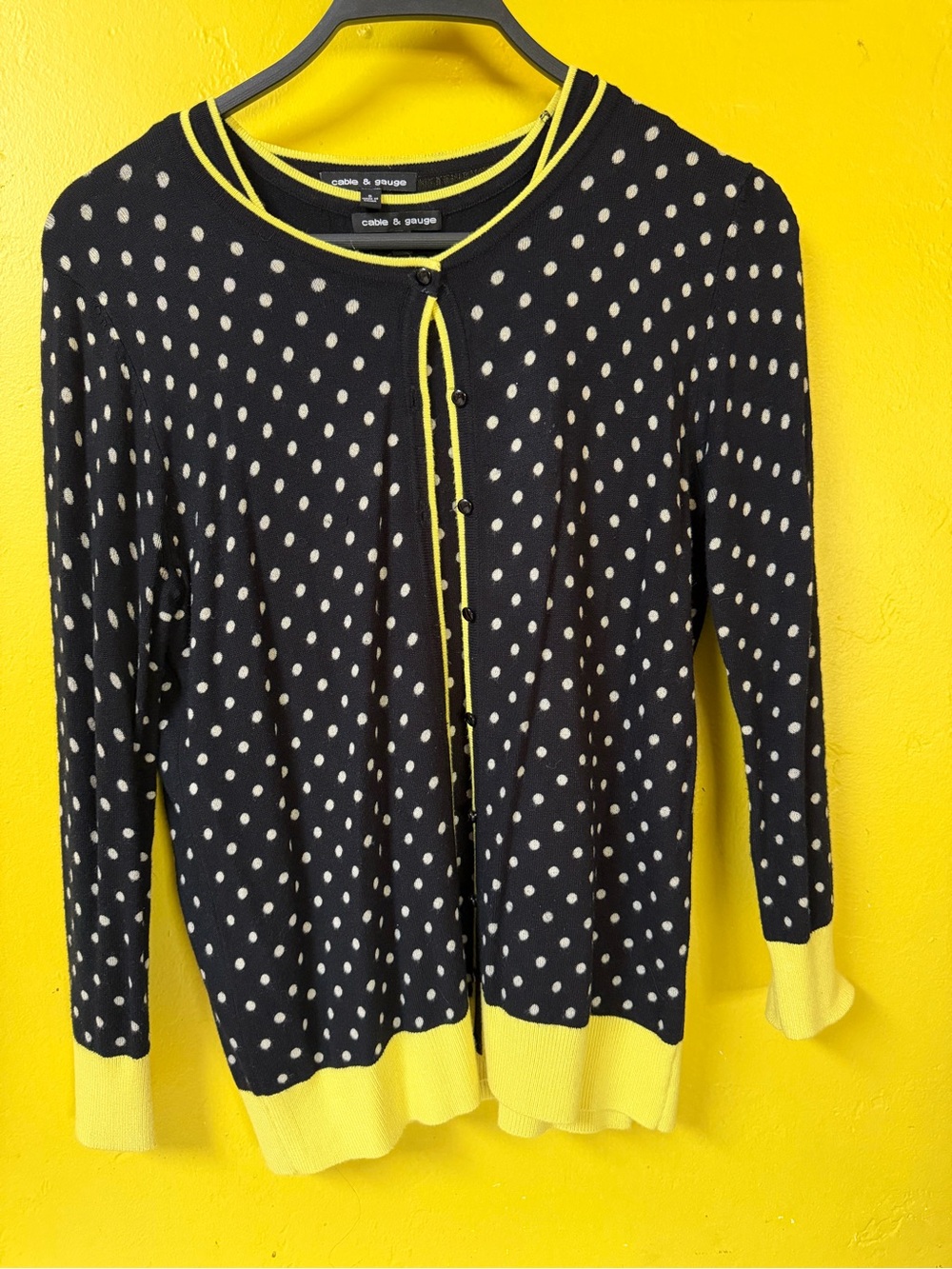 Cable & Gauge Navy Polka Dot Cardigan with Yellow Trim